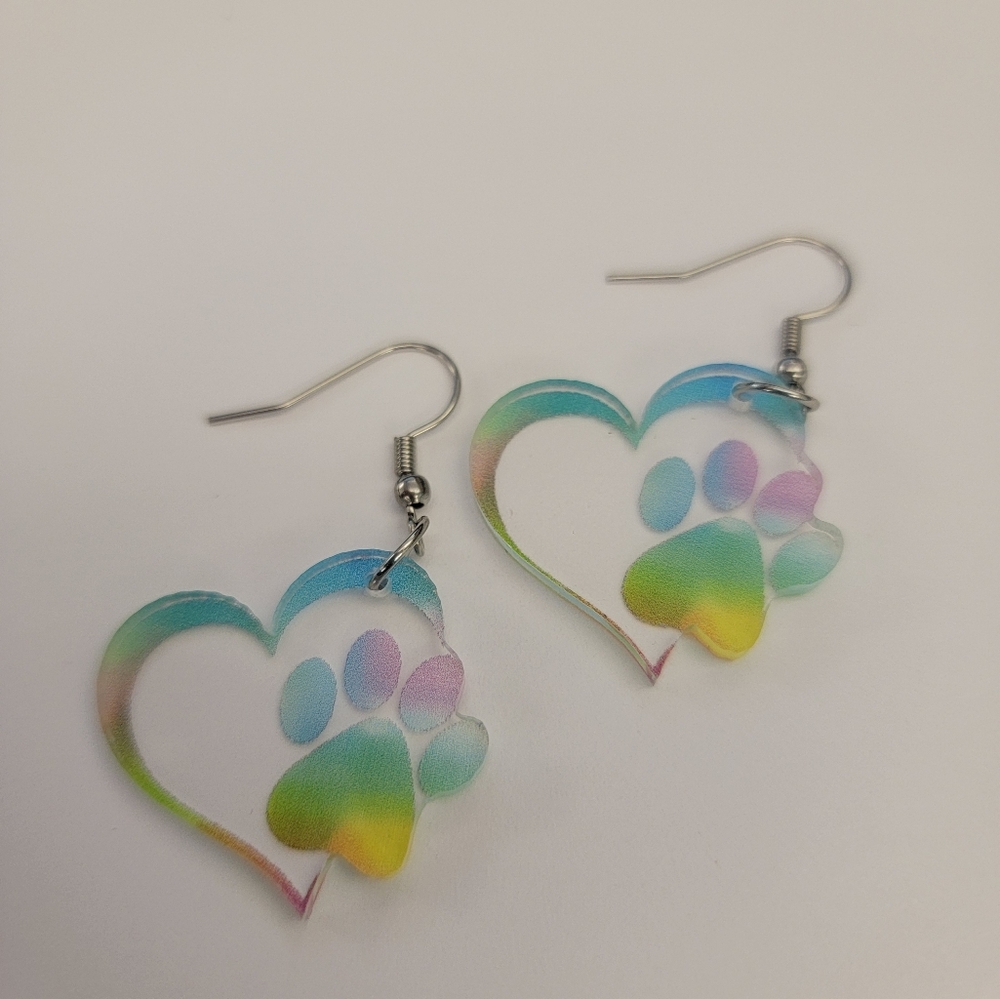 Colorful Heart Paw Print Earrings